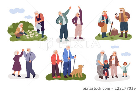 Retirees activities. Elderly people hobbies. Grandparents walking or playing sports with grandchildren. Senior couples lead active lifestyle. Dancing and gardening. Garish vector set 122177039