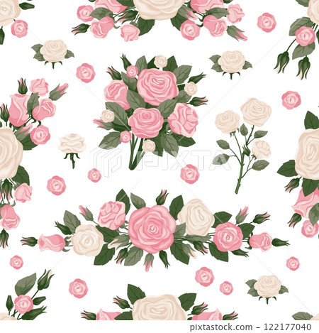 Roses seamless pattern. Repeated floral elements. Delicate flowers. Pink buds. White blooming plants. Romantic bouquet. Wallpaper print. Valentine blossoms. Recent vector background 122177040