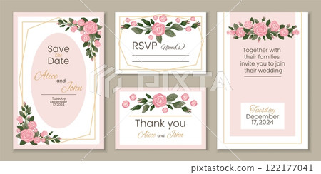 Roses wedding invitations. Delicate and elegant floral design. Bridal celebration. Marriage ceremony banners template. Pink flowers decoration. Bride and groom party. Recent vector set 122177041