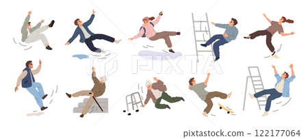 Slipping falling people. Retired men and women stumble on the stairs. Slippery floor. Pain or injuries. Insurmountable obstacles. Young persons fall from stepladder. Garish vector set 122177064