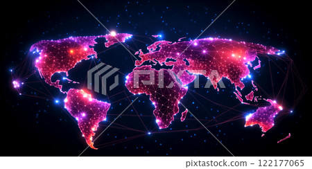 Glowing world map with futuristic design: interconnected lines, nodes, neon pink and purple color on black background. For technology, global networking, digital communication, innovation themes 122177065