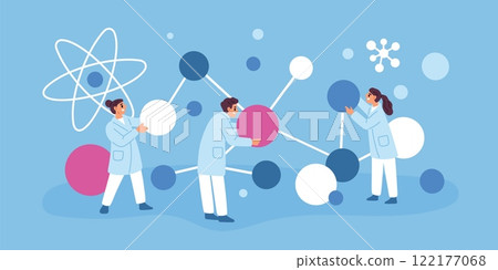 Tiny scientists move molecules. Physicists and chemists conducting experiment. Laboratory research. New formulas. Genetic lab. Scientific discovery. People with atoms. Garish vector concept 122177068