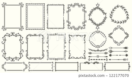 Vintage frames. Elegant retro borders. Old books design elements. Invitational cards decorations. Floral twisted lines. Botanical graphic flourish. Hand drawn arrows. Recent vector set 122177070