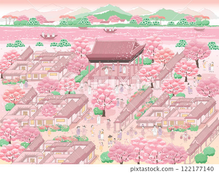 Traditional Korean Village in Full Bloom: Vector Illustration of Cherry Blossom Season Traditional Korean Village in Full Bloom: Vector Illustration of Cherry Blossom Season 122177140