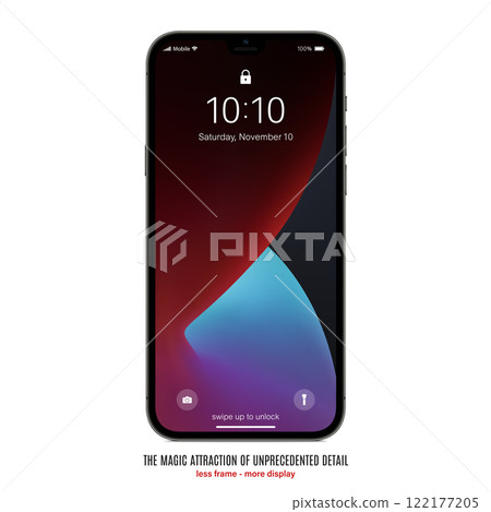 smartphone frameless grey color with colored screen saver front view isolated on white background. mockup of realistic and detailed new mobile phone with shadow. stock vector illustration 122177205