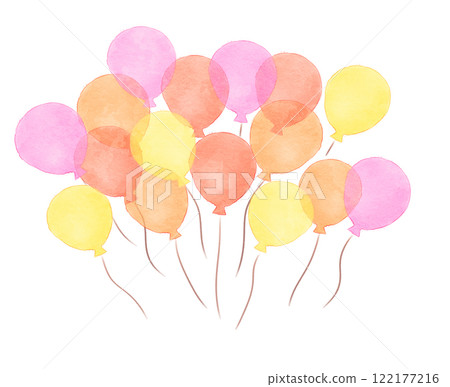 Balloons floating in the sky watercolor pink yellow orange illustration material 122177216