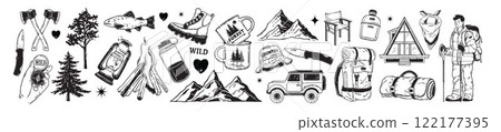 Camping doodle icon set, vector hand drawn forest travel line illustration, mountain hiking object.  122177395