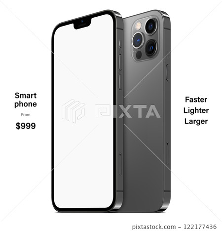 smartphone frameless grey color with blank screen saver front and backside view isolated on white background. mockup of realistic new mobile phone with shadow. vector 3d isometric illustration 122177436