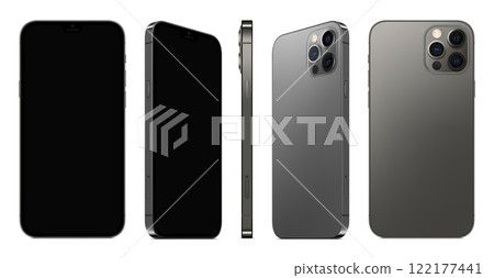 smartphone frameless grey color with black screen saver front and backside view isolated on white background. mockup of realistic new mobile phone with shadow. vector 3d isometric illustration 122177441