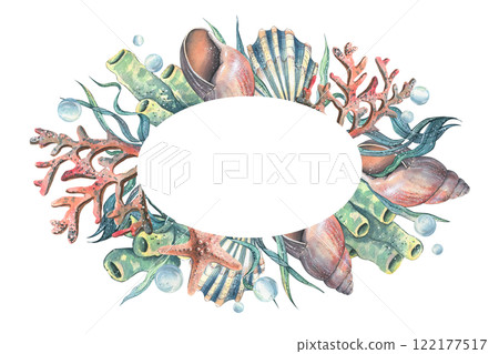 Corals, sea sponges, seaweed, shells, starfish and bubbles. Hand drawn watercolor illustration on the theme of sea animals and the underwater world. Oval wreath, frame, template for text. 122177517