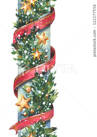 Garland decoration Christmas, New Year with green fir tree branches, red twisting ribbons, golden stars and snow. Watercolor hand drawn illustration. Seamless vertical border isolated from background Garland decoration Christmas, New Year with green fir tree branches, red twisting ribbons, golden stars and snow. Watercolor hand drawn illustration. Seamless vertical border isolated from background 122177558