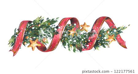 Garland decoration Christmas, New Year with green fir tree branches, red twisting ribbons, golden stars and snow. Watercolor hand-drawn illustration. Beautiful composition isolated from the background 122177561