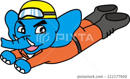 An illustration of an elephant wearing orange work clothes, a helmet and goggles flying 122177608