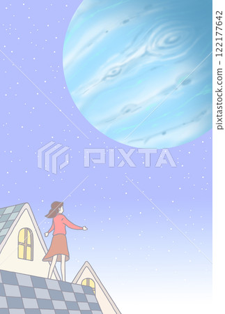 Illustrations for postcards and message cards - Night sky, night view, woman, heavenly bodies, planets 122177642