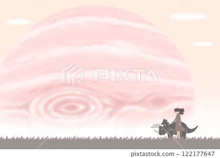 明信片和留言卡插圖 - 行星、天體、三角龍、恐龍、女孩 122177647