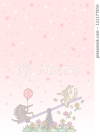 Illustrations for postcards and message cards - Seesaw, hedgehog, fox, flower, petals 122177650