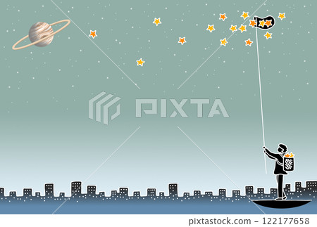 明信片/留言卡插圖 - 男人、一閃一閃的星星、收藏家、剪影、土星 122177658