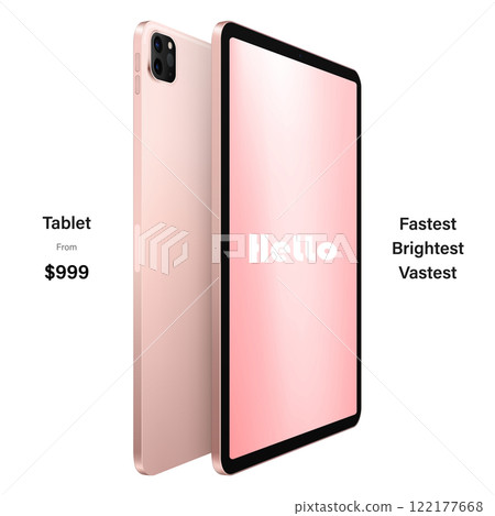 tablet pink color with colored touch screen saver and backside view isolated on white background. mockup of realistic and detailed device. vector 3d isometric illustration 122177668
