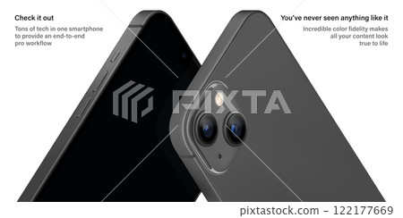 smartphone frameless grey color with black screen saver front and backside view isolated on white background. mockup of realistic new mobile phone with shadow. vector 3d isometric illustration smartphone frameless grey color with black screen saver front and backside view isolated on white background. mockup of realistic new mobile phone with shadow. vector 3d isometric illustration 122177669
