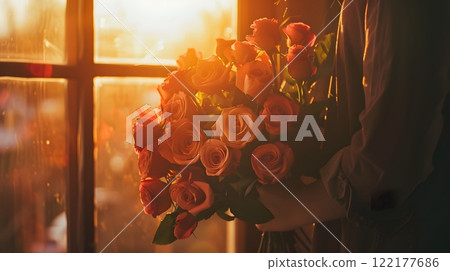 A bouquet of roses prepared for a warm and special occasion. 122177686