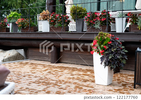 Wooden planter with blooming flowers outside a building. Wooden planter with blooming flowers outside a building. 122177760