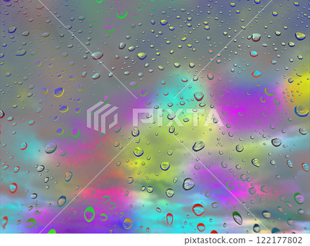 Colourful rainy window glass with macro raindrops. Abstract rainy drops on a window surface. Wet glass. Water droplets. An iridescent rainbow sky. Colourful rainy window glass with macro raindrops. Abstract rainy drops on a window surface. Wet glass. Water droplets. An iridescent rainbow sky. 122177802