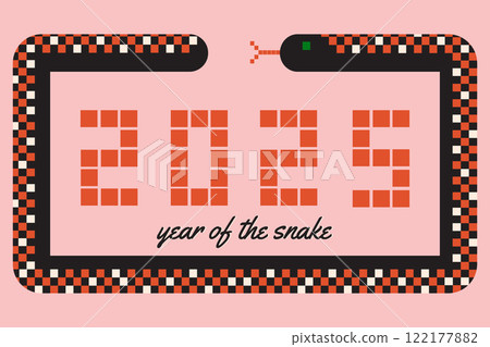2025 year of the snake cool design for chinese new year celebration. Decorative template with snake and space for text in pixel style. 2025 year of the snake cool design for chinese new year celebration. Decorative template with snake and space for text in pixel style. 122177882