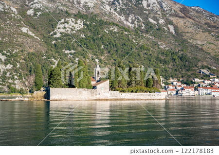 View from water of St. George Island near town Perast, Kotor bay, Montenegro 122178183