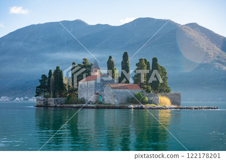 View from water of St. George Island near town Perast, Kotor bay, Montenegro View from water of St. George Island near town Perast, Kotor bay, Montenegro 122178201