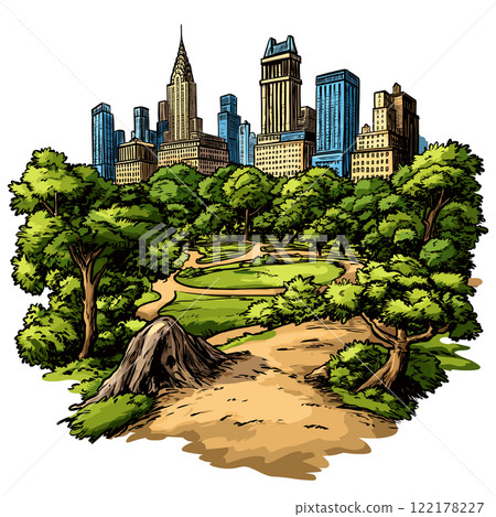 Central park in New York. Vector comic hand-drawn illustration of Central park Central park in New York. Vector comic hand-drawn illustration of Central park 122178227