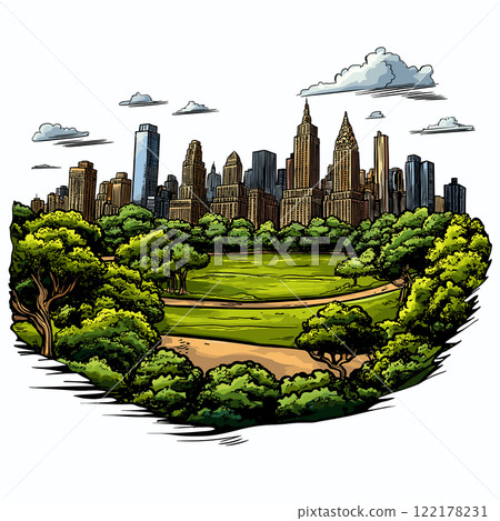 Central park in New York. Vector comic hand-drawn illustration of Central park 122178231