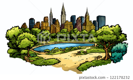 Central park in New York. Vector comic hand-drawn illustration of Central park 122178232