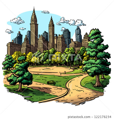 Central park in New York. Vector comic hand-drawn illustration of Central park 122178234