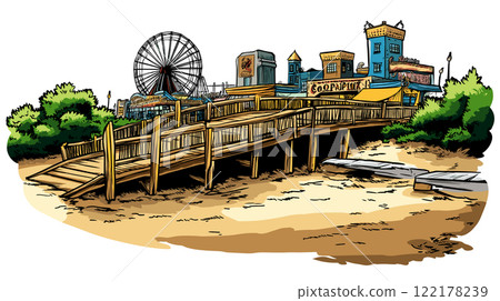 Coney Island in New York. Vector comic hand-drawn illustration of Coney Island 122178239