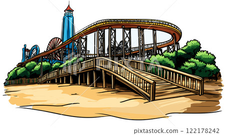 Coney Island in New York. Vector comic hand-drawn illustration of Coney Island 122178242