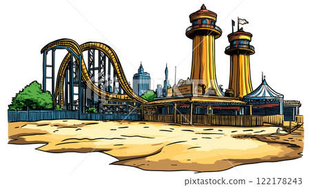 Coney Island in New York. Vector comic hand-drawn illustration of Coney Island 122178243