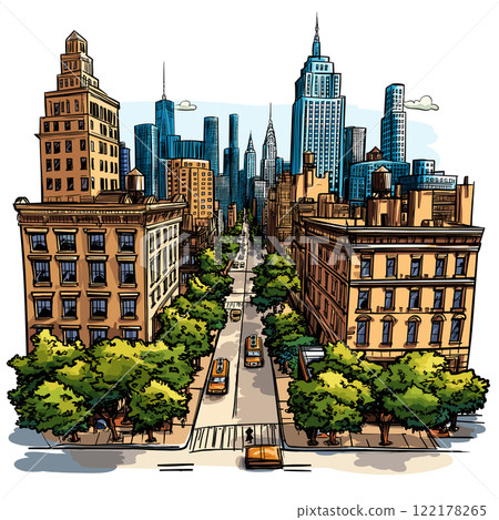 Fifth Avenue in New York. Vector comic hand-drawn illustration of 5th Avenue Fifth Avenue in New York. Vector comic hand-drawn illustration of 5th Avenue 122178265