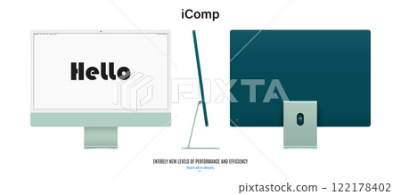 computer monitor green color with blank screen saver front, back and side view isolated on white background. realistic and detailed mockup of display for system unit. stock vector illustration 122178402