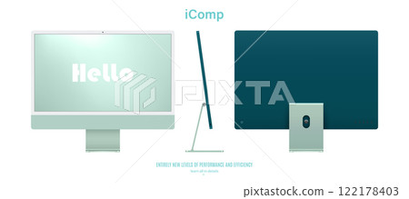 computer monitor green color with colored screen saver front, back and side view isolated on white background. realistic and detailed mockup of display for system unit. stock vector illustration computer monitor green color with colored screen saver front, back and side view isolated on white background. realistic and detailed mockup of display for system unit. stock vector illustration 122178403