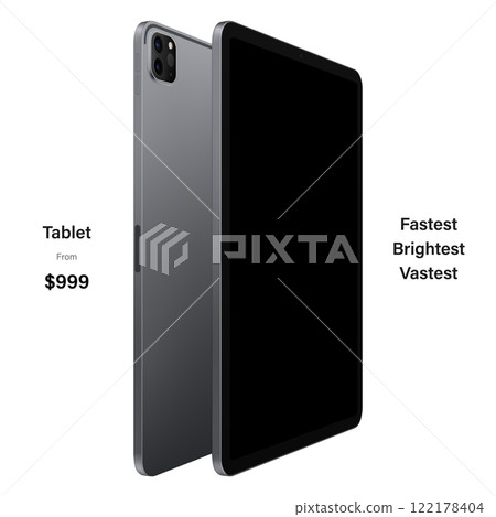 tablet gray color with black touch screen saver and backside view isolated on white background. mockup of realistic and detailed device. vector 3d isometric illustration 122178404