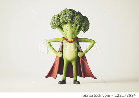 Cheerful broccoli superhero with a red cape, hands on hips, smiling face, and cartoon style  122178654