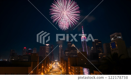New York City Fireworks Over Skyline 122178738