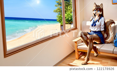 一個狼女孩在房間的窗邊享受假期，俯瞰藍色的大海和白色的沙灘。 122178926