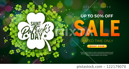 Saint Patrick's Day Sale Banner Illustration with Clover Leaves and Typography Lettering on Shiny Green Background. Irish Traditional St. Patricks Day Lucky Business Celebration Vector Design for Saint Patrick's Day Sale Banner Illustration with Clover Leaves and Typography Lettering on Shiny Green Background. Irish Traditional St. Patricks Day Lucky Business Celebration Vector Design for 122179078