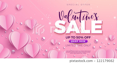 Valentine's Day Sale Banner Design with Falling Paper Heart and Typography Lettering on Pink Background. Holiday Vector Business Illustration with Special Offer Elements for Coupon, Voucher, Flyer 122179082