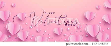 Happy Valentine's Day Banner Design with Heart and Typography Letter on Light Pink Background. Vector Wedding and Romantic Love Valentine Theme Illustration for Flyer, Greeting Card, Holiday Poster or 122179083