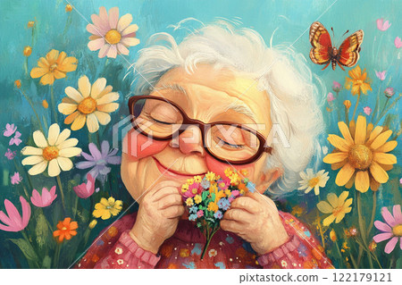 Gray-haired grandmother in a field of flowers Grandmothers' Day 122179121