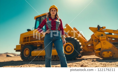 Female Construction Worker Standing Proudly in Front of Heavy Ma 122179211