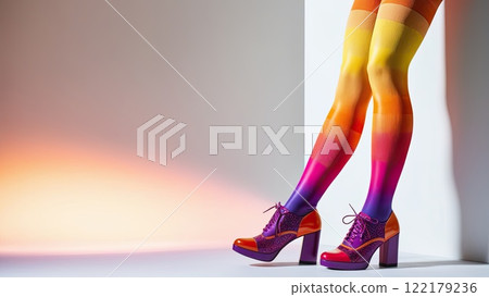 woman's legs in multi-colored tights and shoes 122179236