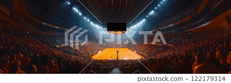 Wide angle view of basketball arena with large crowd filling stands, with vibrant orange lighting. Game on 122179314
